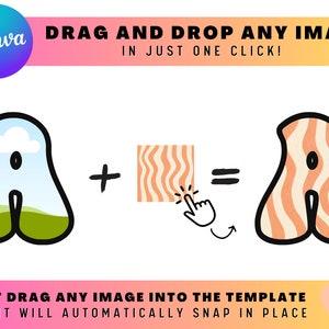 Puede incluir: Una ilustraci&oacute;n gr&aacute;fica muestra c&oacute;mo arrastrar y soltar una imagen en una plantilla. La imagen muestra una letra estilizada "A" con un cielo azul y hierba verde en su interior. La letra "A" se muestra luego con un patr&oacute;n ondulado naranja y blanco en su interior. El texto dice "&iexcl;ARRASTRA Y SUELTA CUALQUIER IMAGEN EN UN SOLO CLIC!" y "&iexcl;ARRASTRA Y SUELTA CUALQUIER IMAGEN EN LA PLANTILLA Y SE AJUSTAR&Aacute; AUTOM&Aacute;TICAMENTE EN SU LUGAR!".