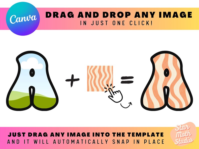 Puede incluir: Una ilustraci&oacute;n gr&aacute;fica muestra c&oacute;mo arrastrar y soltar una imagen en una plantilla. La imagen muestra una letra estilizada "A" con un cielo azul y hierba verde en su interior. La letra "A" se muestra luego con un patr&oacute;n ondulado naranja y blanco en su interior. El texto dice "&iexcl;ARRASTRA Y SUELTA CUALQUIER IMAGEN EN UN SOLO CLIC!" y "&iexcl;ARRASTRA Y SUELTA CUALQUIER IMAGEN EN LA PLANTILLA Y SE AJUSTAR&Aacute; AUTOM&Aacute;TICAMENTE EN SU LUGAR!".