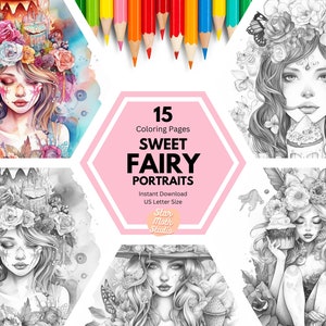 15 Cute Fairy Portraits, Coloring Pages Bundle Set, Printable Adult Coloring Pages, Download Grayscale Illustration, Fantasy Fairies
