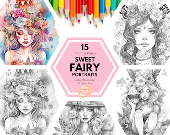 15 Cute Fairy Portraits, Coloring Pages Bundle Set, Printable Adult Coloring Pages, Download Grayscale Illustration, Fantasy Fairies