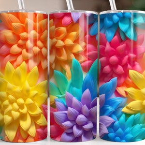 3D Colorful Rainbow Flowers 20oz Skinny Tumbler Sublimation Design Digital Download PNG 3D Floral 20oz Skinny Tumbler Wrap PNG