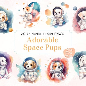 20 PNG aquarel schattige ruimte astronaut puppies clipart set, Fantasy illustraties, PNG bundel, hond illustraties, kinderkamer kunst aan de muur clipart