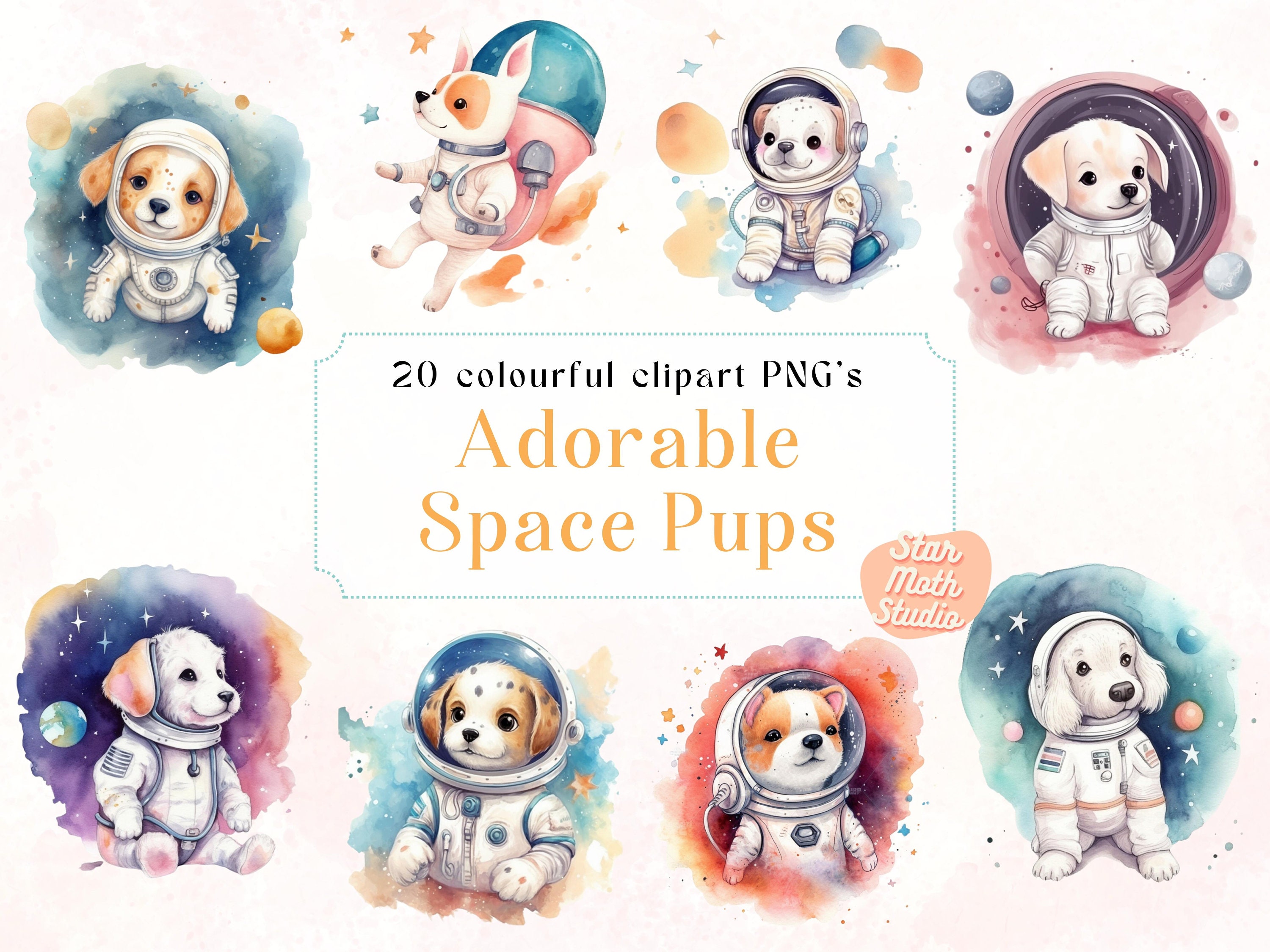20 PNG Watercolor Adorable Space Astronaut Puppies Clipart Set, Fantasy ...