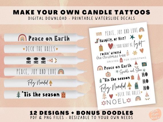 Make Your Own Candle Tattoos - Printable PDF PNG Print Files, Boho Christmas Sayings, Waterslide Decals Sublimation, Candle Stick Film DIY