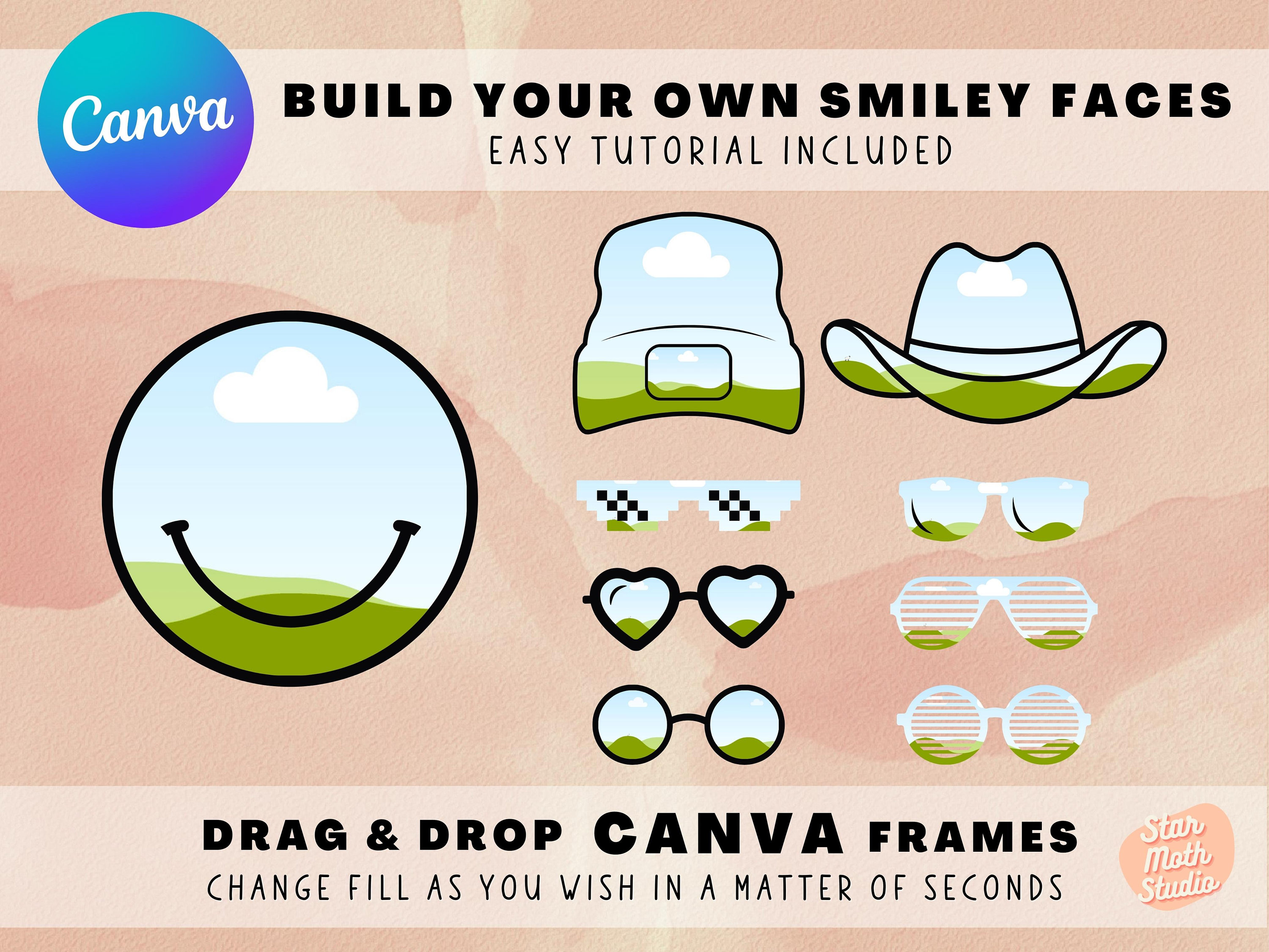 May include: A digital illustration of a smiley face with a green and blue landscape, a white cloud, and a black outline.  The image also includes a variety of other digital illustrations of hats, sunglasses, and glasses, all with a similar landscape and cloud design.  The text "BUILD YOUR OWN SMILEY FACES" and "EASY TUTORIAL INCLUDED" is at the top of the image.  The text "DRAG & DROP CANVA FRAMES" and "CHANGE FILL AS YOU WISH IN A MATTER OF SECONDS" is at the bottom of the image.  The text "Star Moth Studio" is in the lower right corner of the image.