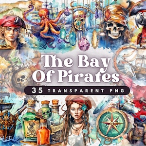 Bundle de 35 cliparts aquarelle PNG pirate, aquarelle bateau pirate trésor perroquet drapeau carte boussole bijoux crâne Illustration, usage Commercial
