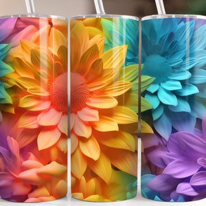 3D Colorful Rainbow Flowers 20oz Skinny Tumbler Sublimation Design Digital Download PNG 3D Floral 20oz Skinny Tumbler Wrap PNG