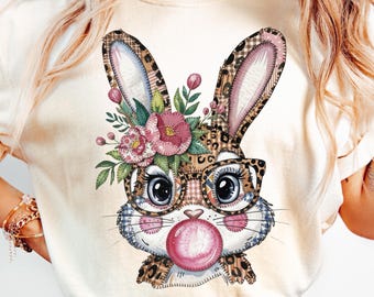 Faux Patchwork Easter Bunny PNG, Trendy Retro Bunny with Glasses Design, Spring PNG