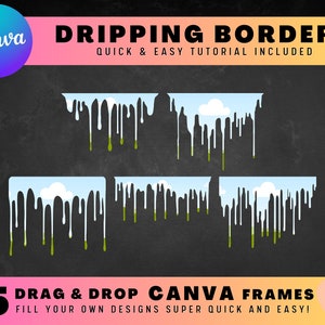 May include: Fifteen Canva frames with dripping borders. The frames are blue with white clouds and green grass. The text "DRAG & DROP CANVA FRAMES" and "FILL YOUR OWN DESIGNS SUPER QUICK AND EASY!" is at the bottom of the image.