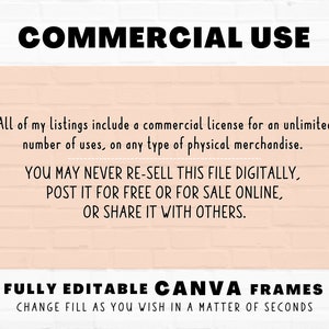 May include: Text on a pink brick background that reads "COMMERCIAL USE" and explains that the listing includes a commercial license for unlimited use on any type of physical merchandise. It also states that the file cannot be re-sold digitally, posted for free or for sale online, or shared with others. The text "FULLY EDITABLE CANVA FRAMES CHANGE FILL AS YOU WISH IN A MATTER OF SECONDS" is also included. A logo for "Star Moth Studio" is in the bottom right corner.
