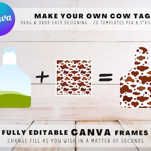 Make Your Own COW TAGS on CANVA, 20 Editable Canva Element Templates, Customizable Canva Frame Designs, Drag and Drop Sublimation Template