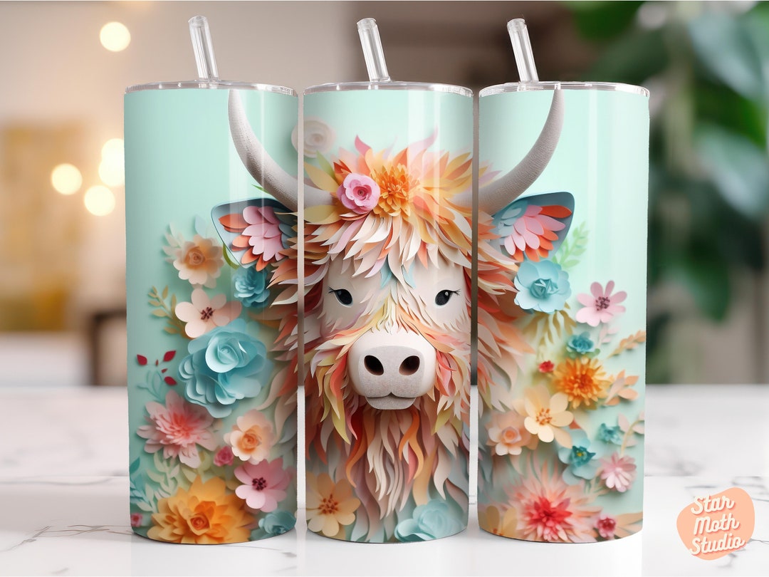 3D Paper Highland Cow 20oz Sublimation Tumbler Designs, Embroidered 9.3 ...