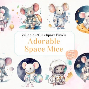 22 PNG Aquarell Adorable Space Astronaut Mäuse Clipart Set, Fantasy Clip Art, PNG Bundle, Maus Illustrationen, Kinderzimmer Wand Kunst Clipart