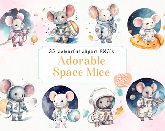 22 PNG Watercolor Adorable Space Astronaut Mice Clipart Set, Fantasy Clip Art, PNG Bundle, Mouse Illustrations, Nursery Wall Art Clipart