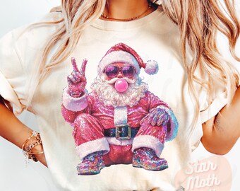 Glitter Santa Christmas Blowing Bubble PNG, Sparkly Retro Christmas PNG, Funny Santa With Sunglasses, Xmas Holiday Sequin Sublimation Design