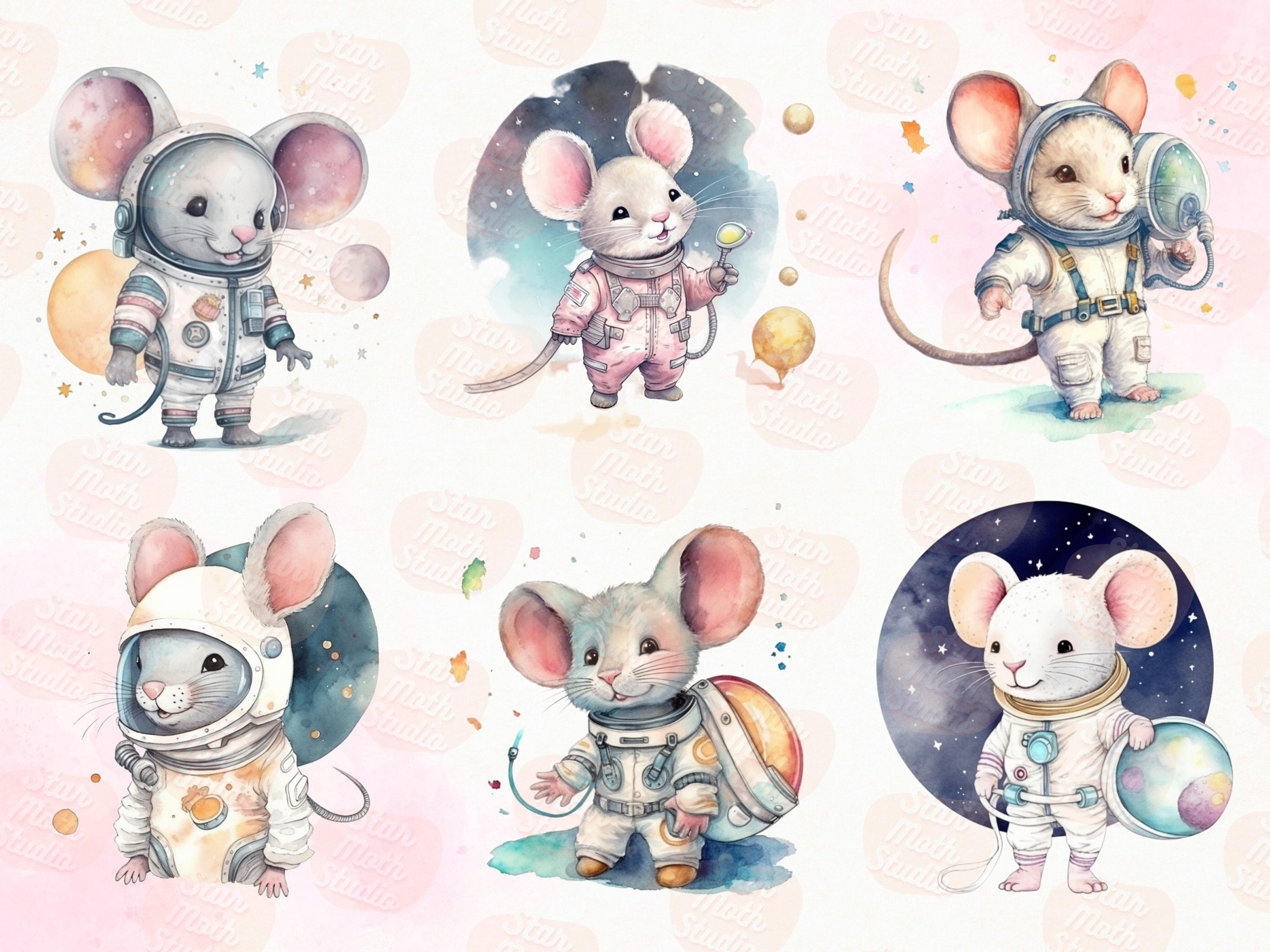 22 PNG Watercolor Adorable Space Astronaut Mice Clipart Set, Fantasy ...