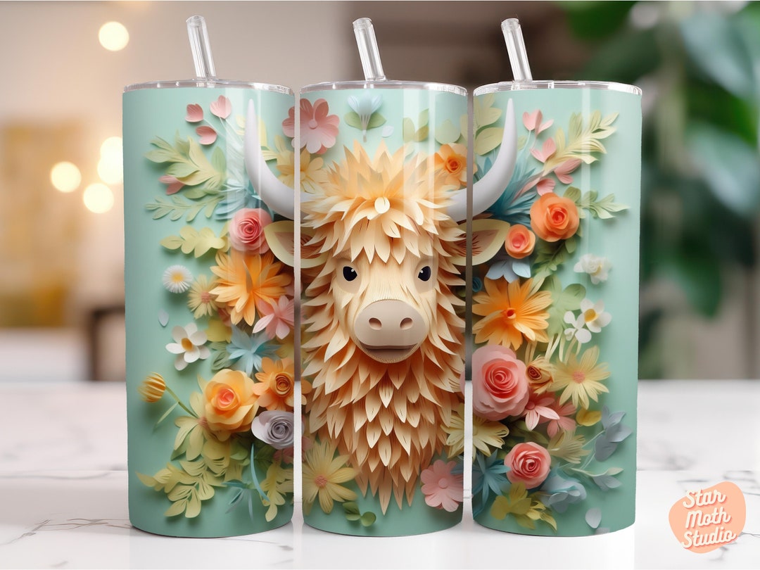 3D Paper Highland Cow 20oz Sublimation Tumbler Designs, Embroidered 9.3 ...