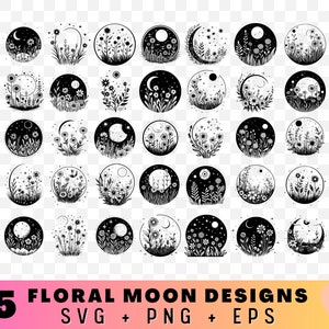 45 Boho Floral Moon SVG Sublimation Design Bundle, PNG Flowers Moon Stars Clipart, Mystical Celestial Silhouette SVG Cut Files