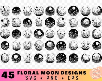 45 Boho Blommor Månen SVG Sublimering Design Bundle, PNG Blommor Månen Stjärnor Clipart, Mystiska Himmelska Silhuett SVG Cut-filer