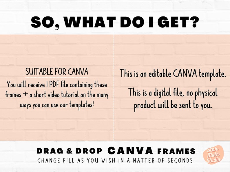 May include: A pink brick wall background with a white text overlay that reads "SO, WHAT DO I GET?"  The text is divided into two columns. The left column reads "SUITABLE FOR CANVA You will receive 1 PDF file containing these frames + a short video tutorial on the many ways you can use our templates!" The right column reads "This is an editable CANVA template. This is a digital file, no physical product will be sent to you." Below the text is a white banner with black text that reads "DRAG & DROP CANVA FRAMES CHANGE FILL AS YOU WISH IN A MATTER OF SECONDS" and a small logo that reads "Star Moth Studio".