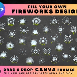 Fireworks CANVA FRAMES, Easy Drag and Drop Editable Canva Template Bundle, Create Your Own PNG Digital Design Elements, Nye, 4th of July