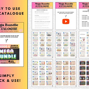 May include: A colorful digital product listing for a Canva frame bundle. The listing features a pink and yellow background with the text "Mega Bundle Catalogue" and "3000+ Canva Frames Mega Bundle". The listing also includes a preview of the frames, which are organized into categories such as "Letter Frames", "Image Frames", and "Border Frames".