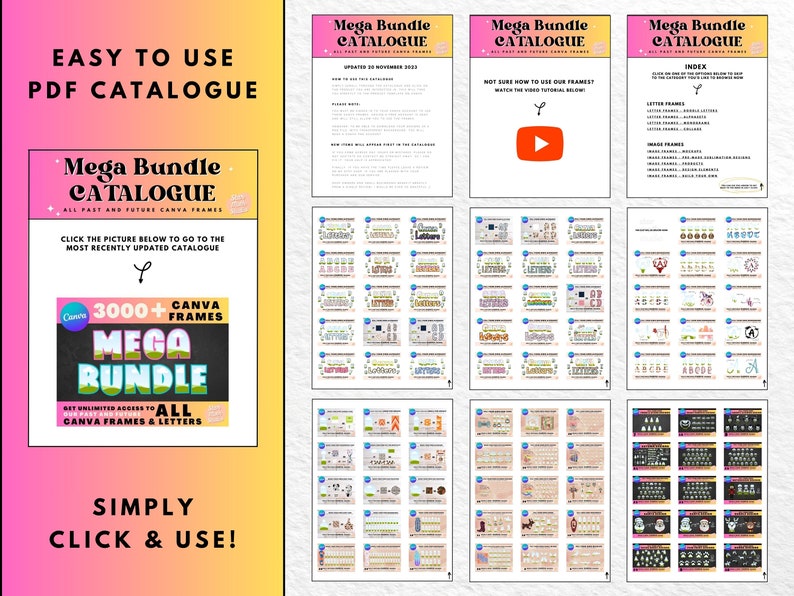 May include: A colorful digital product listing for a Canva frame bundle. The listing features a pink and yellow background with the text "Mega Bundle Catalogue" and "3000+ Canva Frames Mega Bundle". The listing also includes a preview of the frames, which are organized into categories such as "Letter Frames", "Image Frames", and "Border Frames".