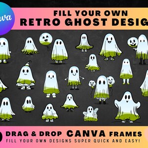 Könnte beinhalten: 20 Retro-Geister-Illustrationen in verschiedenen Posen, perfekt für die Erstellung von Halloween-Designs. Jeder Geist ist schwarz umrandet und mit einer hellgrünen Farbe gefüllt. Der Text "FILL YOUR OWN DESIGNS SUPER QUICK AND EASY!" befindet sich am unteren Rand des Bildes.