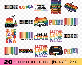 May include: A set of 20 sublimation designs featuring pride-themed graphics. The designs include rainbow stripes, pride flags, and text such as "Love is Love", "Gaymer", and "Pride Code".