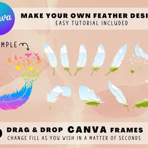 May include: 10 Canva frames featuring feather designs with a sky and grass background. The frames are white with a light blue sky and green grass. The text "MAKE YOUR OWN FEATHER DESIGNS" and "EASY TUTORIAL INCLUDED" is at the top of the image. The text "10 DRAG & DROP CANVA FRAMES" and "CHANGE FILL AS YOU WISH IN A MATTER OF SECONDS" is at the bottom of the image. The text "Star Moth Studio" is in the bottom right corner of the image.