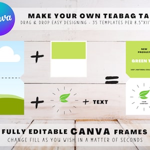 May include: A Canva template for creating teabag tags. The template shows a green teabag tag with the text "NEW PRODUCT GREEN TEA 100% NATURAL COLLECTION". The template also shows a blank teabag tag with a green leaf design and the text "YOUR COMPANY".