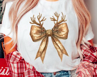 Coquette Christmas Bow Png, Reindeer Bow Png, Rustic Gold Christmas Sublimation, Christmas Shirt Design, Glitter Png, Bow with Antlers Png
