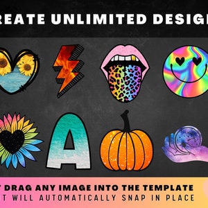 May include: A digital design template with a variety of colorful and graphic elements, including a heart, lightning bolt, tongue, smiley face, sunflower, letter A, pumpkin, and a hand holding a galaxy-themed orb. The text "CREATE UNLIMITED DESIGNS" is at the top of the image. The text "JUST DRAG ANY IMAGE INTO THE TEMPLATE AND IT WILL AUTOMATICALLY SNAP IN PLACE" is at the bottom of the image. The text "Star Moth Studio" is in the bottom right corner of the image.