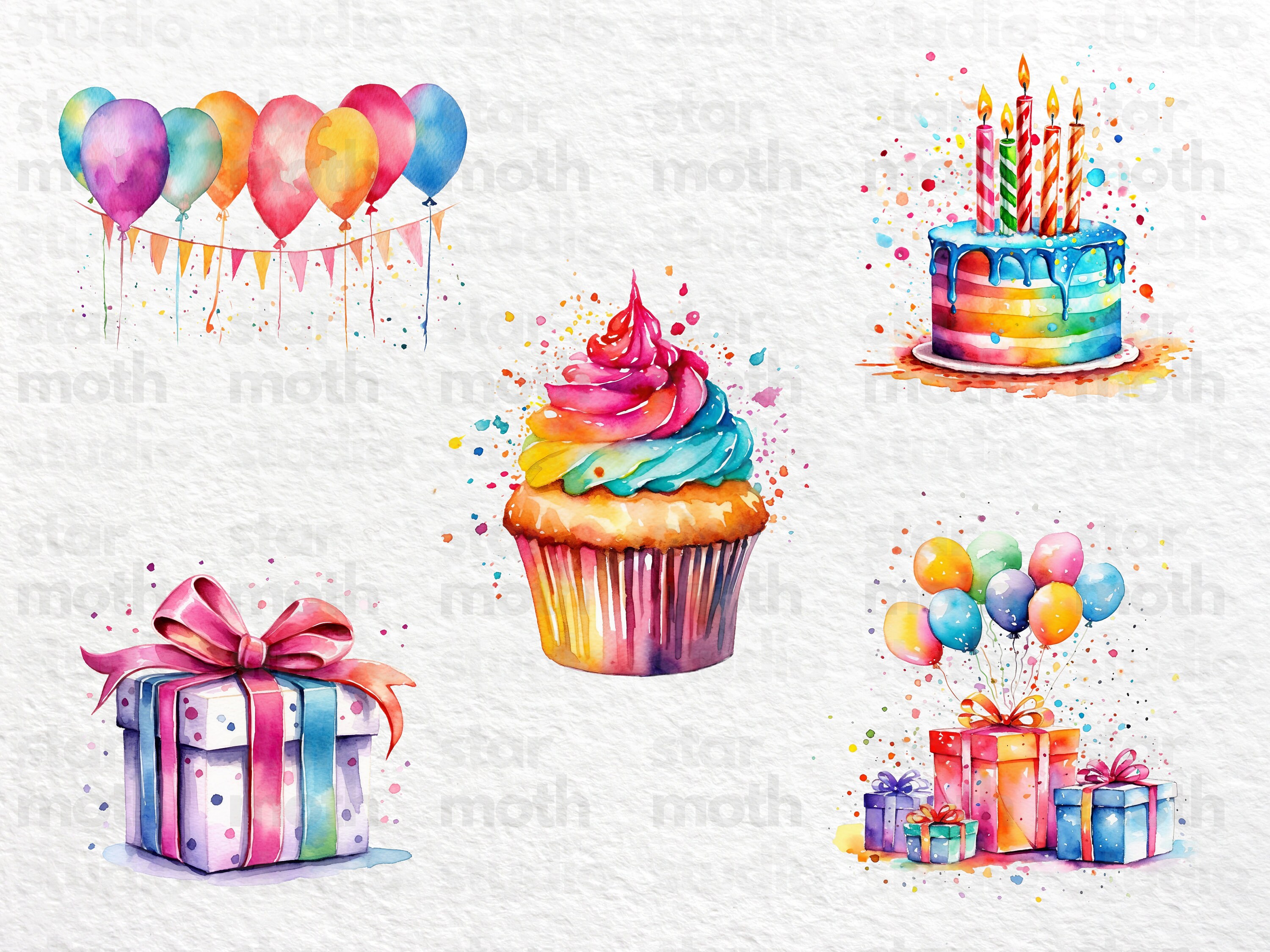 Watercolor Birthday Party Cake Present Balloons Clipart Bundle - Etsy