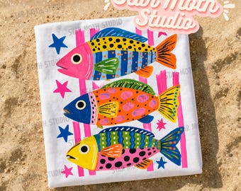 Colorful Maximalist Png, Summer Vacation Sublimation, Preppy Girls Png File, Neon Funny Fish Design