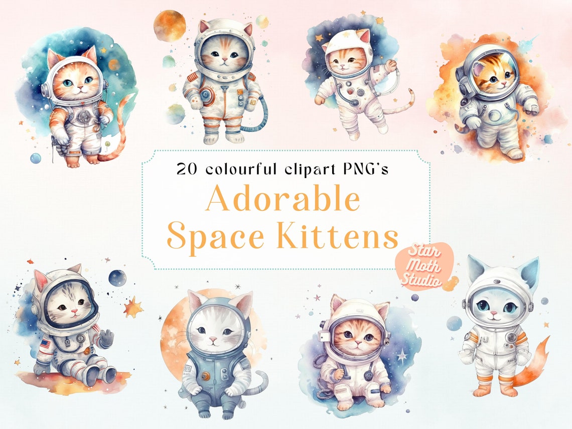 20 PNG Watercolor Adorable Space Astronaut Kittens Clipart Set, Fantasy ...