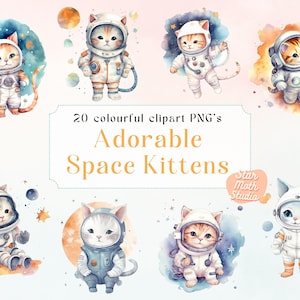 20 PNG Acquerello Adorabile Spazio Astronauta Gattini Clipart Set, ClipArt Fantasy, Pacchetto PNG, Illustrazioni di gatti, Clipart di arte della parete della scuola materna