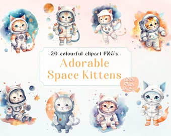 20 PNG Watercolor Adorable Space Astronaut Kittens Clipart Set, Fantasy Clip Art, PNG Bundle, Cat Illustrations, Nursery Wall Art Clipart