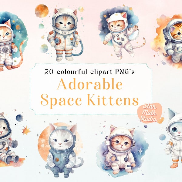 20 PNG Watercolor Adorable Space Astronaut Kittens Clipart Set, Fantasy Clip Art, PNG Bundle, Cat Illustrations, Nursery Wall Art Clipart