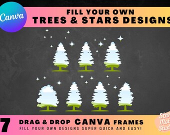 Winter Trees and Stars CANVA FRAMES, Easy Drag and Drop Editable Canva Template Bundle, Create Your Own PNG Digital Design Elements