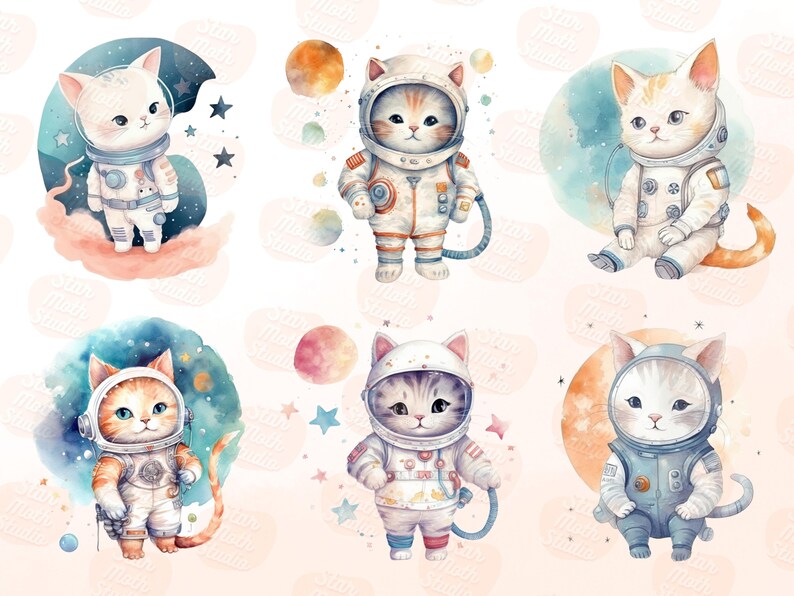 20 PNG Watercolor Adorable Space Astronaut Kittens Clipart Set, Fantasy ...