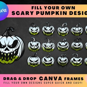 Halloween Scary Pumpkins CANVA FRAMES, Easy Drag and Drop Editable Canva Template Bundle, Create Your Own PNG Digital Design Elements