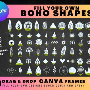60 Boho Shapes CANVA FRAMES, Easy Drag and Drop Editable Canva Template Bundle, Create Your Own PNG Digital Design Elements