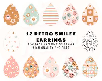 RETRO SMILEY Earrings Sublimation, Aesthetic Earrings Teardrop PNG, Earrings Designs Download, Earrings Bundle, Tear Drop Earrings Designs