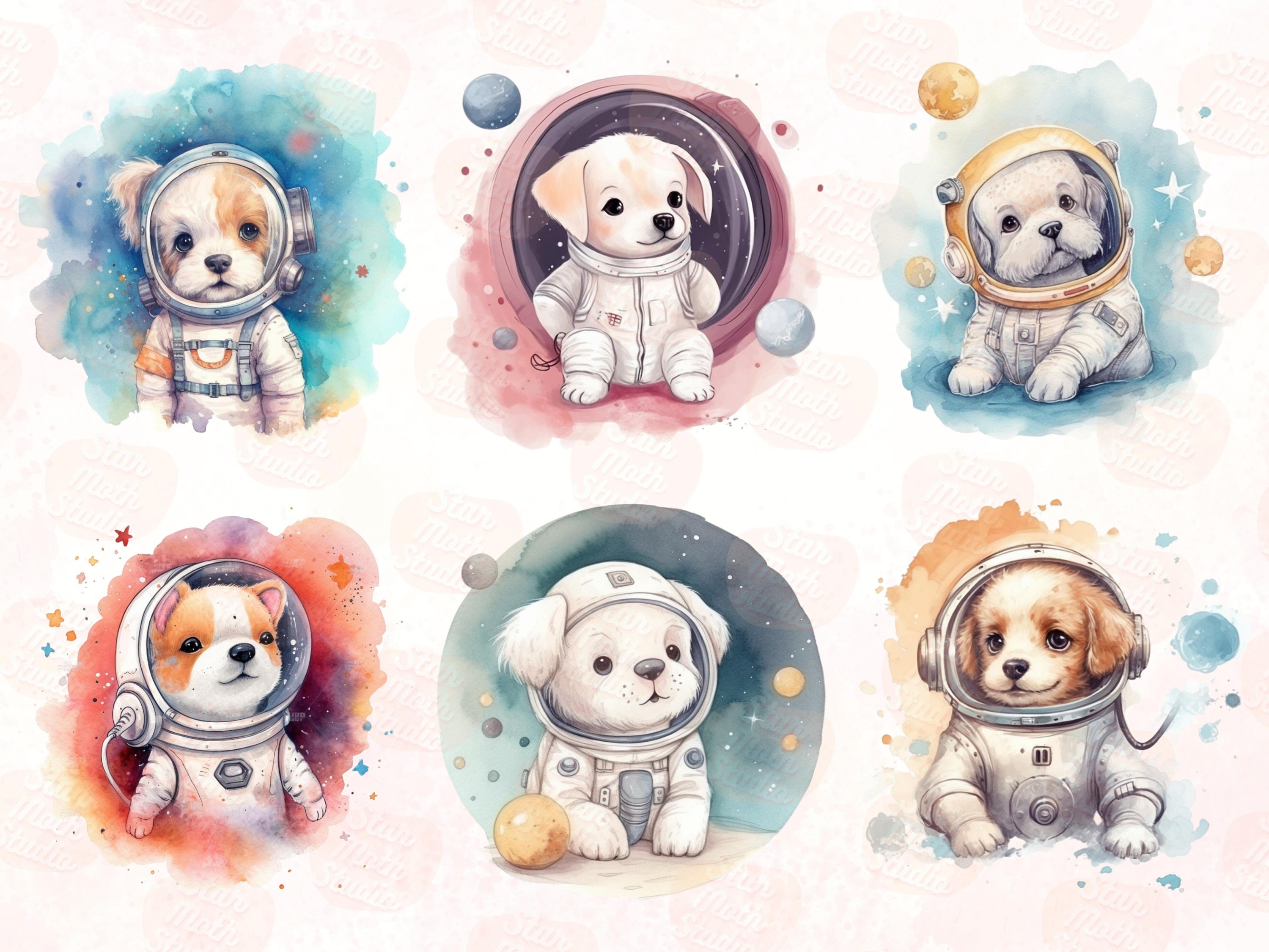 20 PNG Watercolor Adorable Space Astronaut Puppies Clipart Set, Fantasy ...