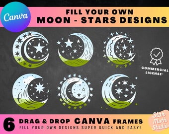 Magical Moon and Stars CANVA FRAMES, Easy Drag and Drop Editable Canva Template Bundle, Create Your Own PNG Digital Design Elements