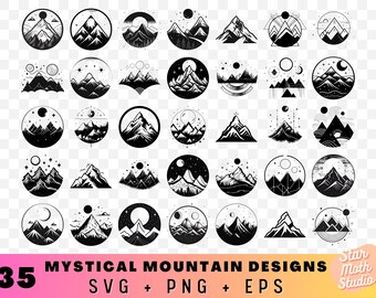 Mystical Mountain and Moon SVG Bundle, Mountain PNG Hand Drawn, Forest Tree Svg, Outdoors Adventure Svg, Landscape Svg, Mountain Forest