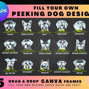 Cadres CANVA Peeking Dogs, lot de modèles de toile modifiables faciles par glisser-déposer, créez vos propres éléments de conception numérique PNG