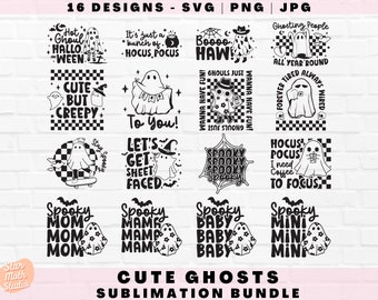16 Retro Halloween Ghost SVG Bundle, Cute Ghouls Sublimation Designs, Trendy Halloween Shirt SVG, Spooky PNG, Cut Files Cricut Silhouette