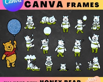 Honey Bear CANVA FRAMES, Easy Drag and Drop Editable Canva Template Bundle, Create Your Own PNG Digital Design Elements